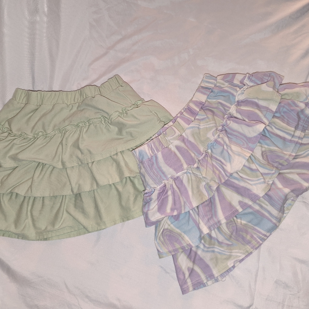 2 layered skorts one mint green the other pastel tie dye.